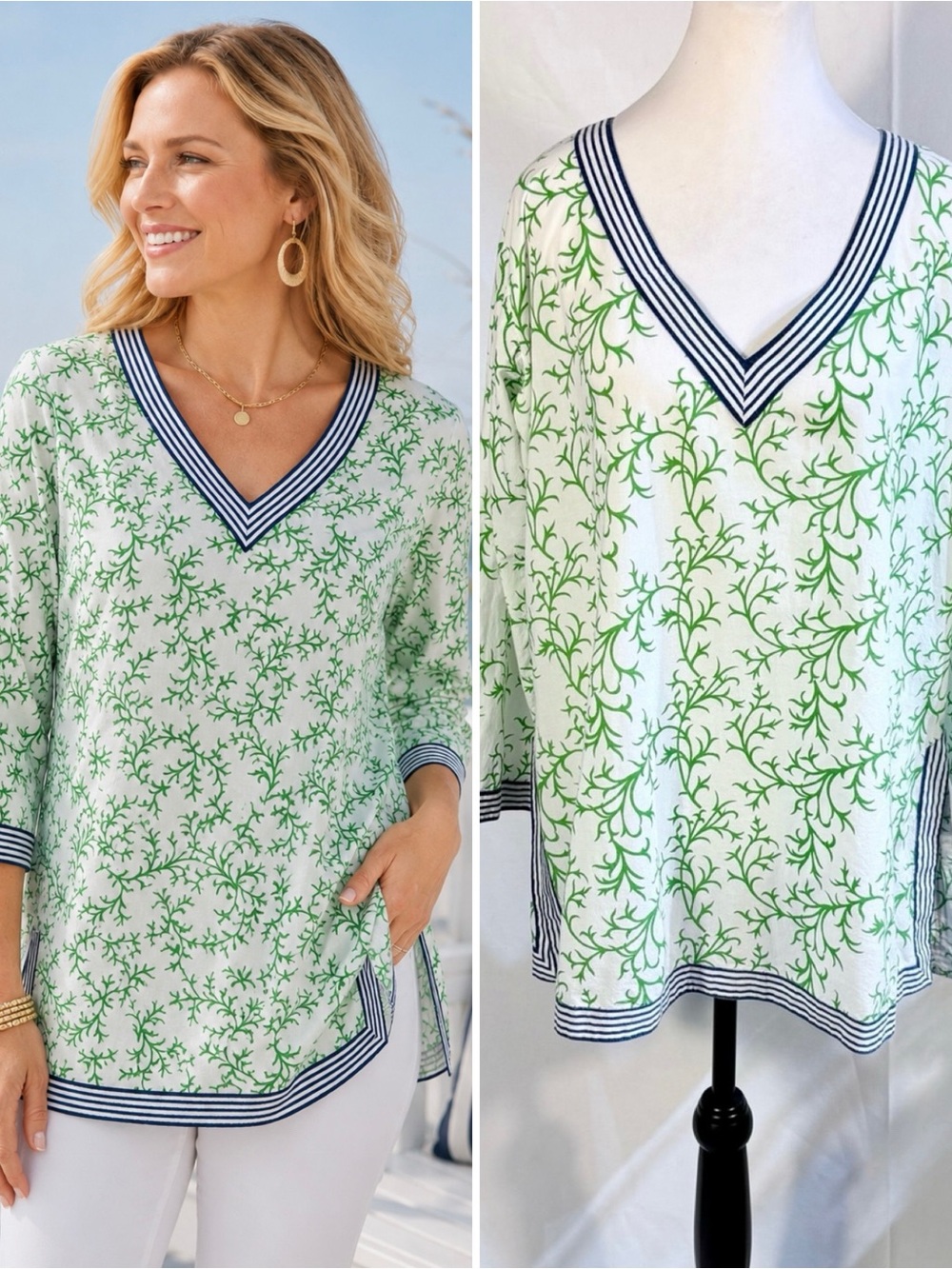 Gretchen Scott Tunic Green Vine Print Navy Stripe Trim V-Neck Blouse Sz XL🧡